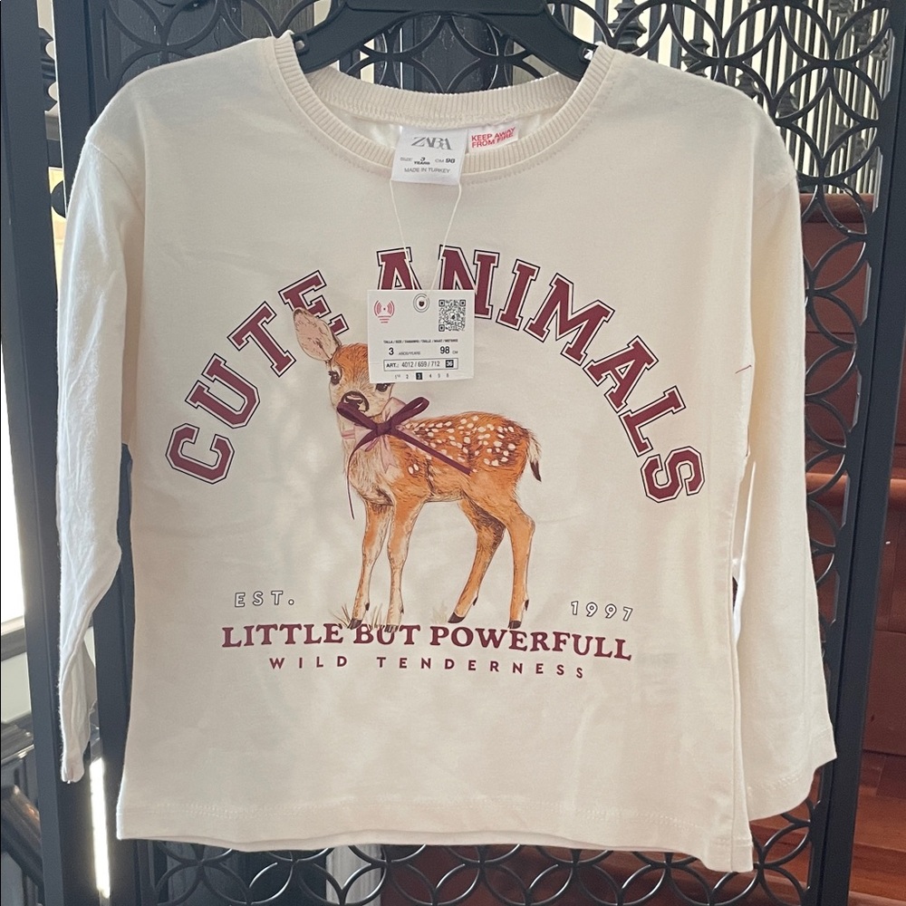 Zara Kids Cream Long-Sleeve Tee with Deer Graphic and Burgundy Text